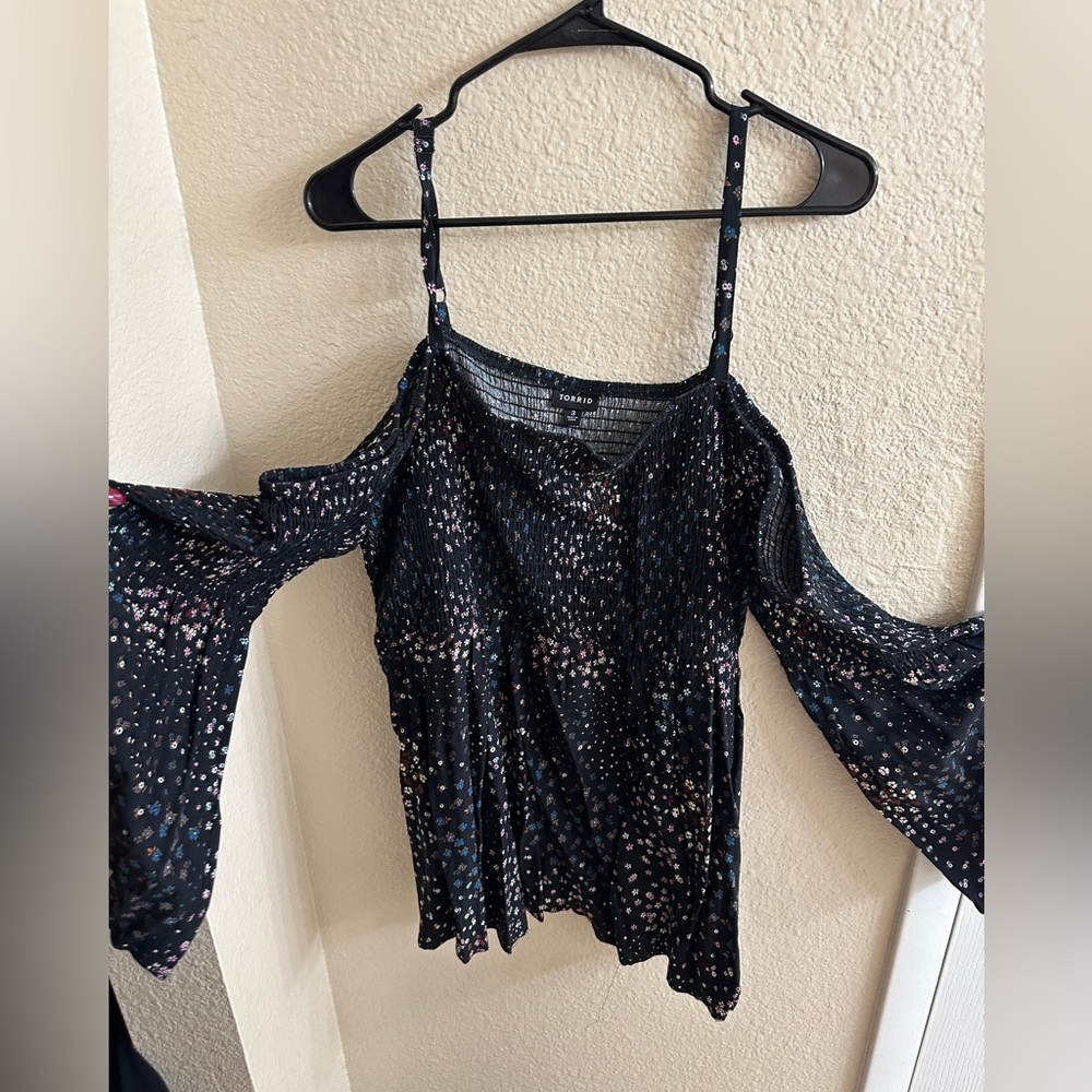 Torrid Black and Pink Cold Shoulder Blouse